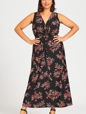 Avenue Size 30/32 Sleeveless Black Floral Twist-Front Maxi Dress